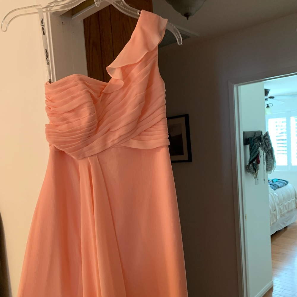 David’s bridal, bridesmaid dress, coral, size 0, one shoulder